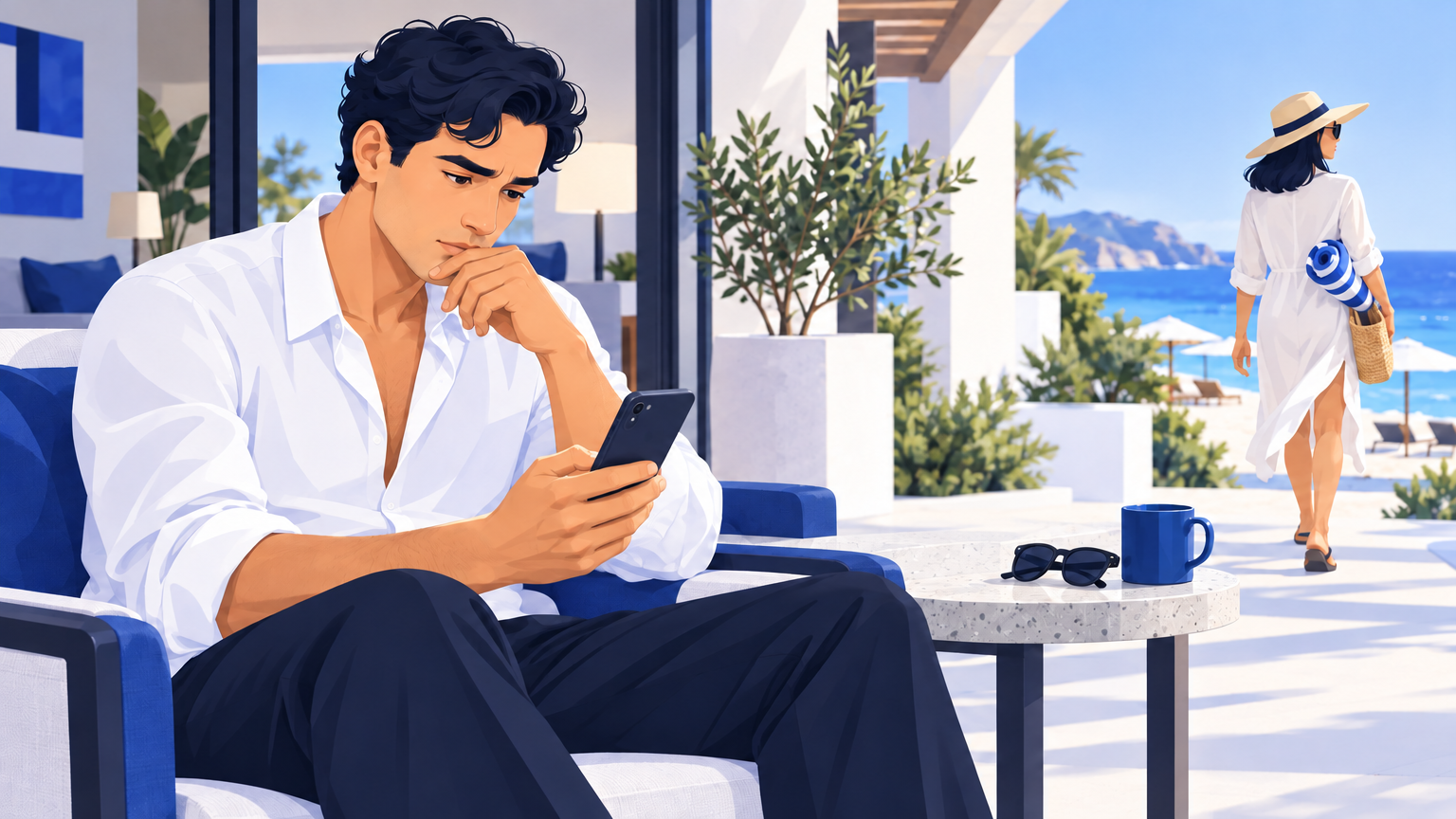 A seated man studies his phone on a seaside terrace while a woman carrying a beach bag walks toward the sea.